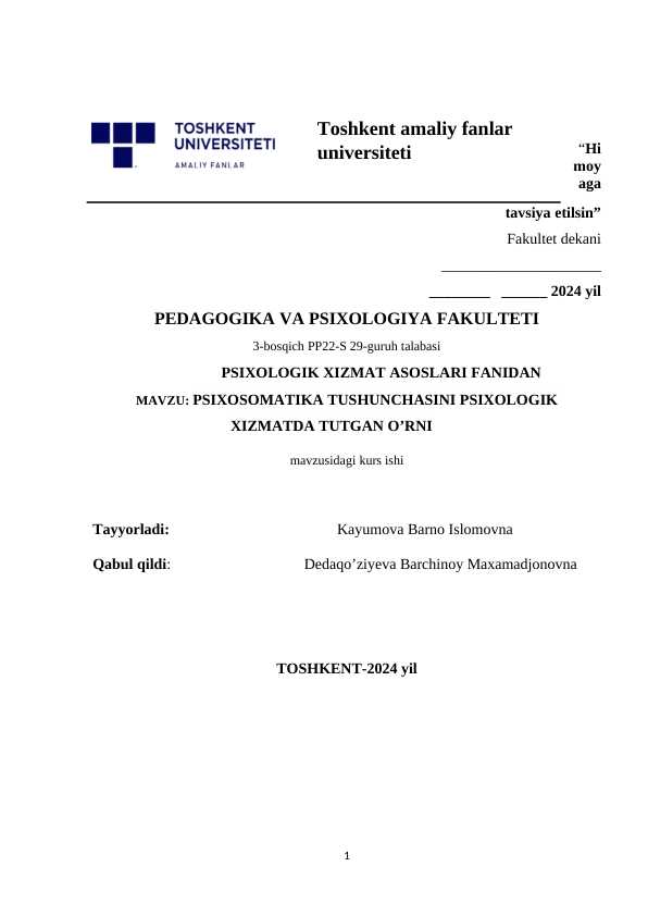 Psixosomatika tushunchasi psixolgik xizmat