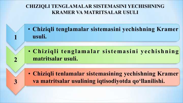 CHIZIQLI TENGLAMALAR SISTEMASINI YECHISHNING KRAMER VA MATRITSALAR USULI