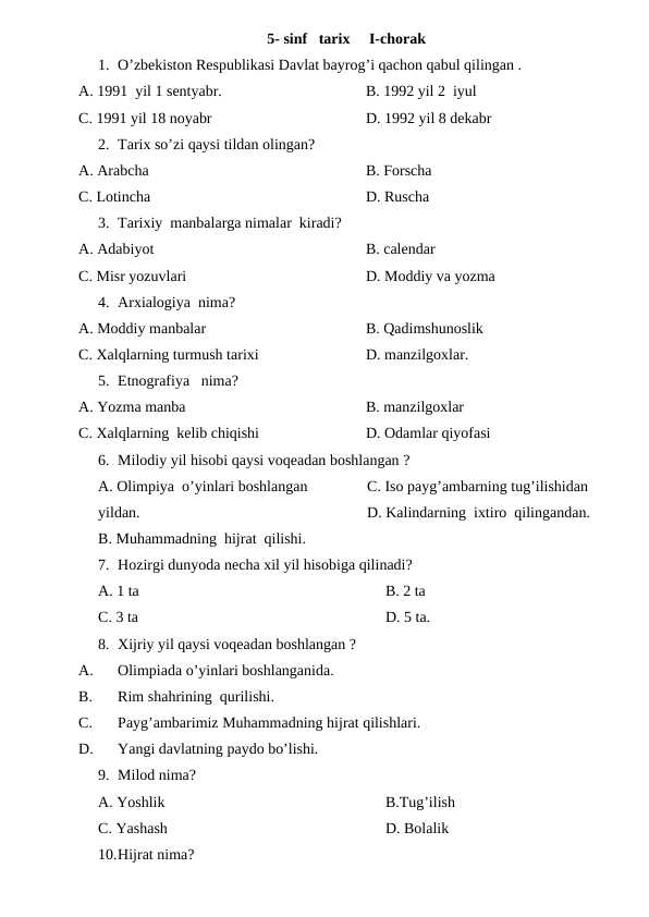 5-sinf tarix 1-4-chorak (Javoblari bilan)+