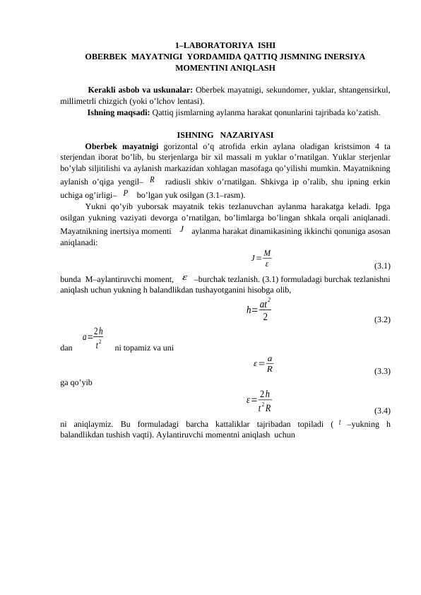 OBERBEK MAYATNIGI YORDAMIDA QATTIQ JISMNING INERSIYA MOMENTINI ANIQLASH