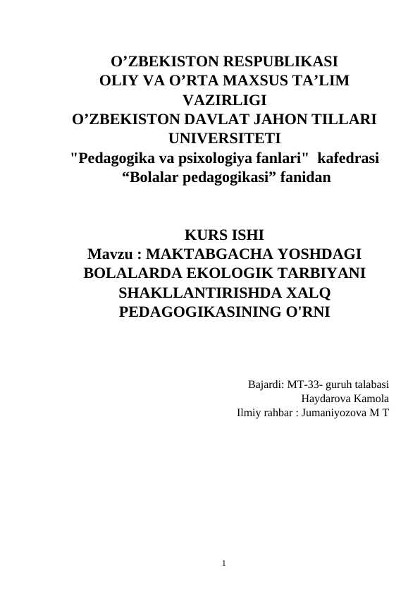 Maktabgacha yoshdagi bolalarda ekologik tarbiyani shakllantirish