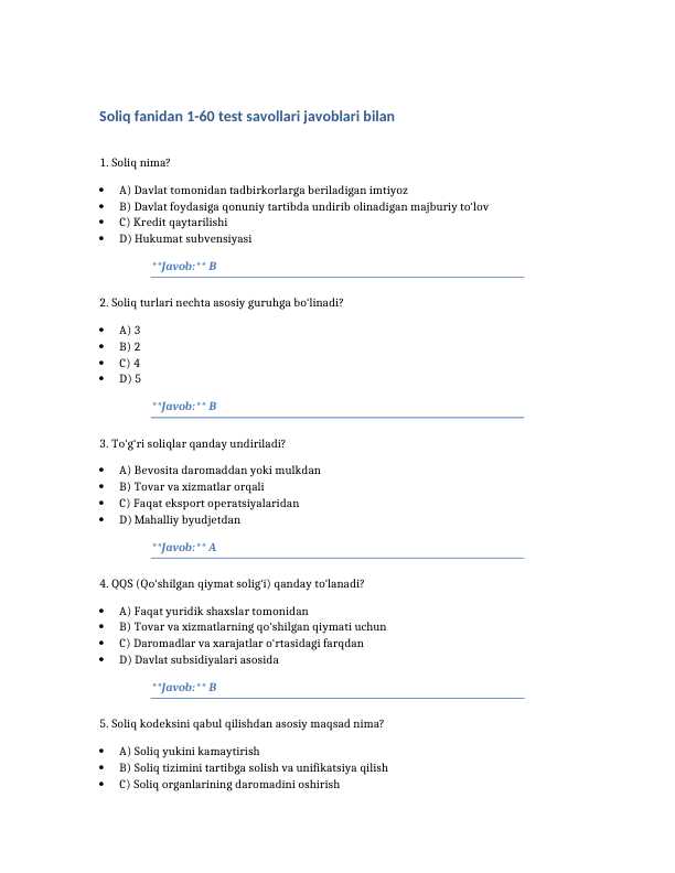 Soliq fanidan 1-60 test savollari javoblari bilan