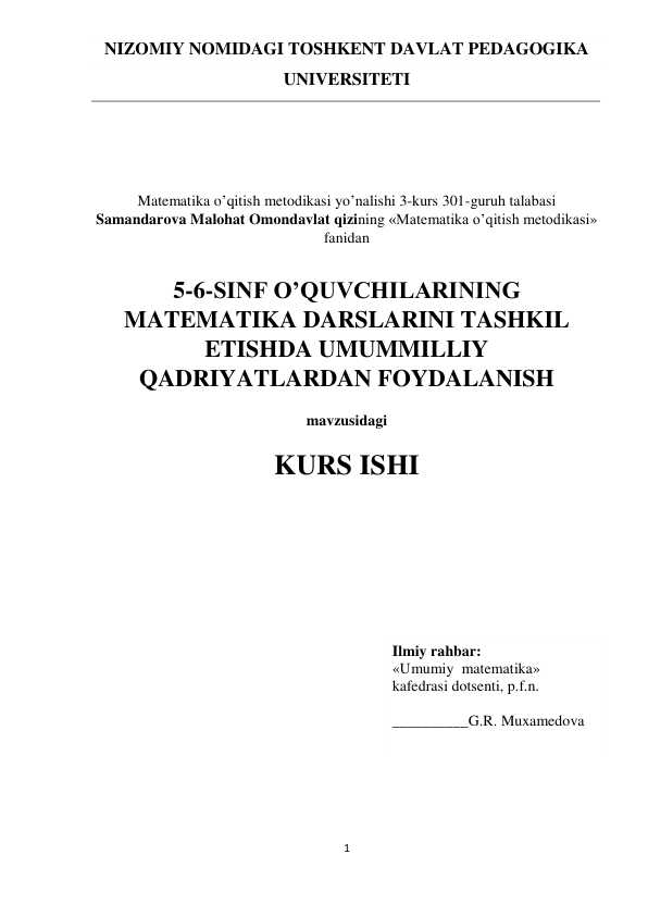 5_6 sinf oʻquvchilarining matematika darslarni tashkil etishda umumiylik qadriyatlardan foidalanish