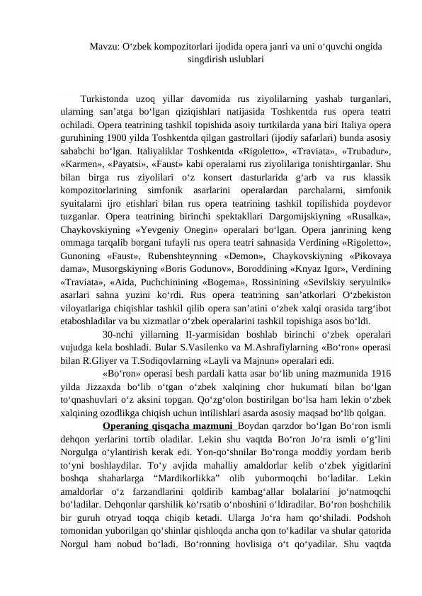 O‘zbek kompozitorlari ijodida opera janri va uni o‘quvchi ongida singdirish uslublari