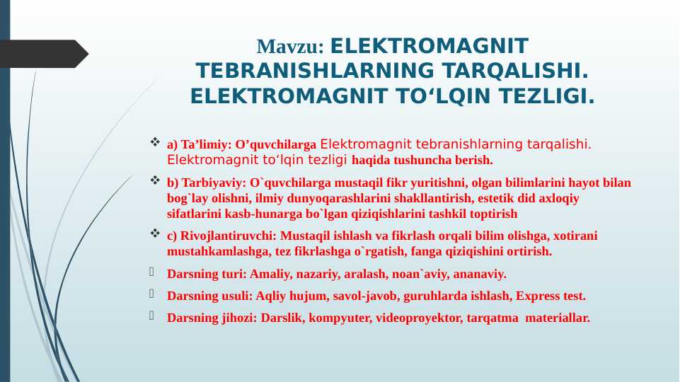 11_sinf_fizika Elektromagnit_tebranishlarning_tarqalishi_Elektromagnit dars ishlanma