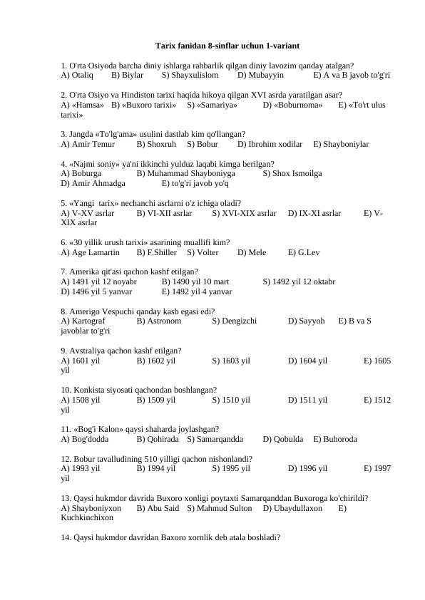 8-sinf tarix 1-chorak testi javoblari bilan