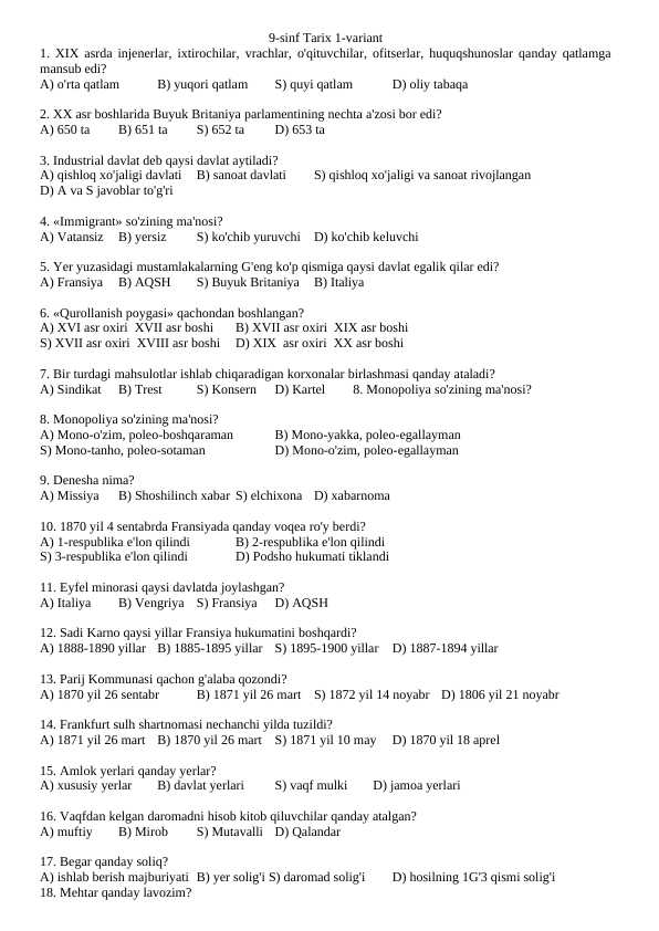 9-sinf tarix 1-chorak testi javoblari bilan