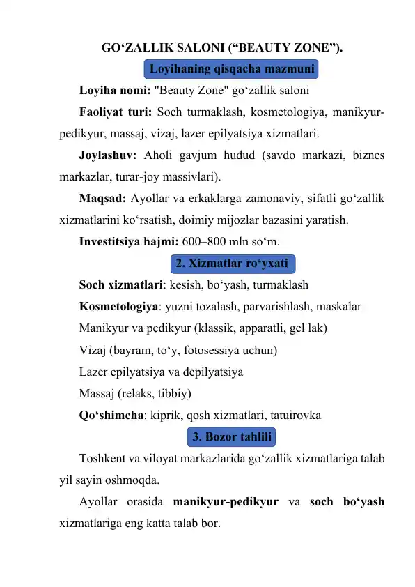 GO‘ZALLIK SALONI biznes reja