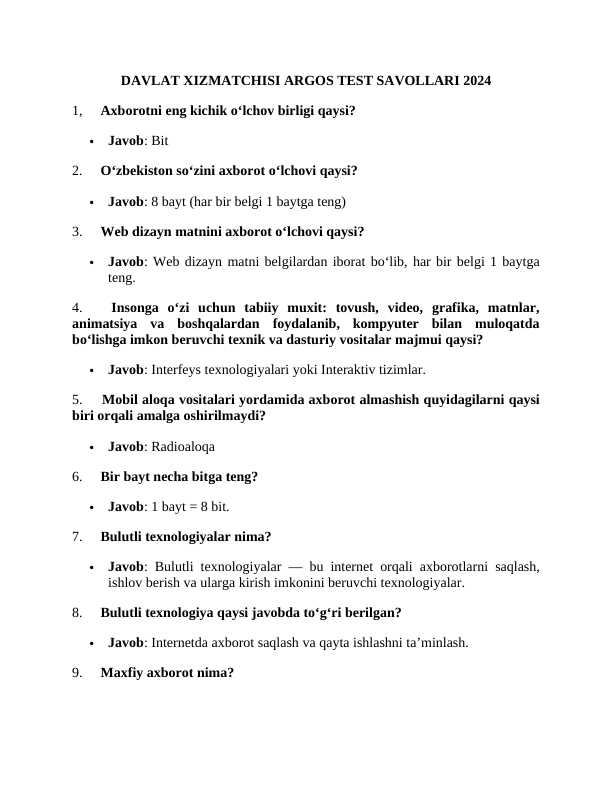 DAVLAT XIZMATCHISI ARGOS TEST SAVOLLARI 2024 JAVOBLARI BILAN