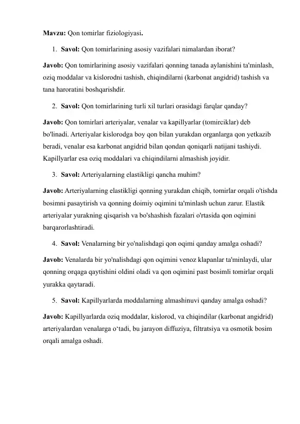 Qon Tomirlari Fiziologiyasi