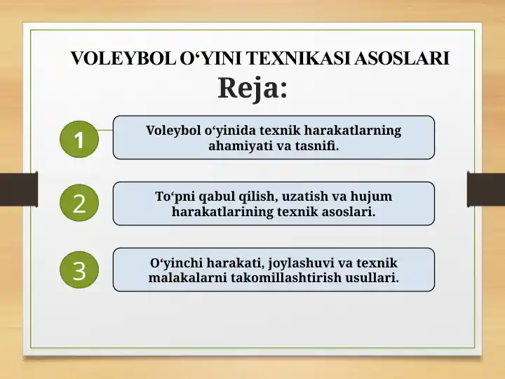 VOLEYBOL O‘YINI TEXNIKASI ASOSLARI