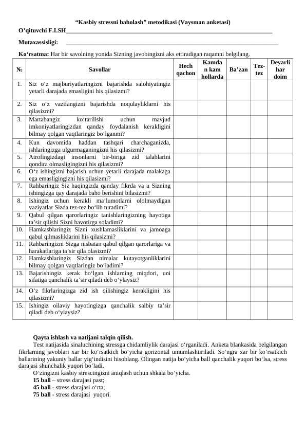 “Kasbiy stressni baholash” metodikasi (Vaysman anketasi), PEDAGOGIK JAMOANING QOBLIYATINI ANIQLASH  TESTI