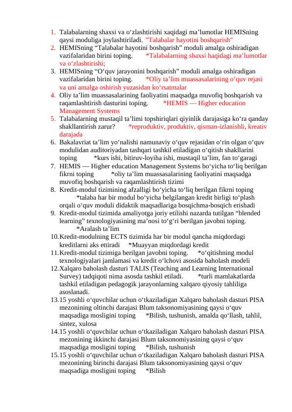 BIMM uchun 2000ta test