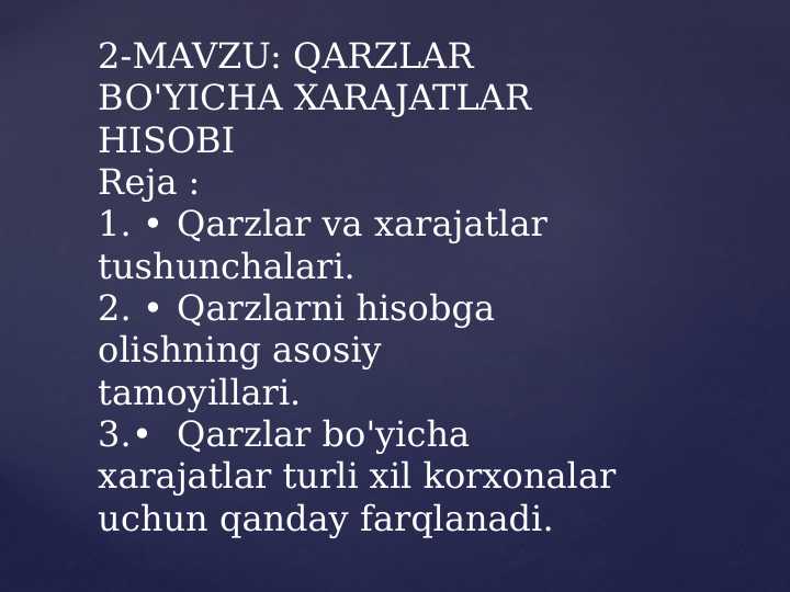 QARZLAR BO'YICHA XARAJATLAR HISOBI