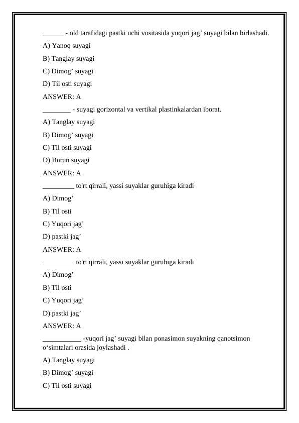 Anatomiya fanidan test - osteologiya