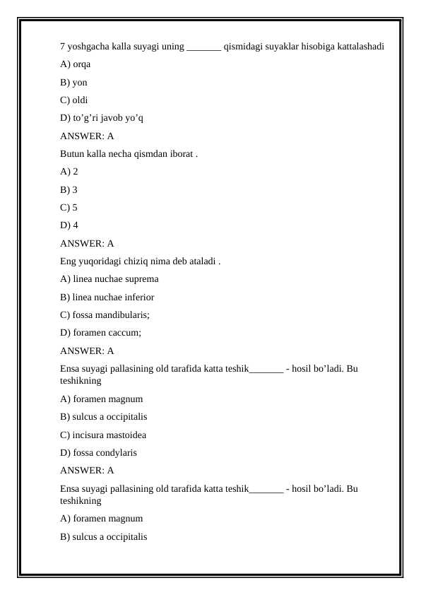 Anatomiya fanidan test - osteologiya