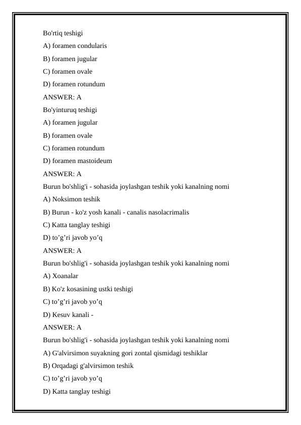 Anatomiya fanidan test - osteologiya