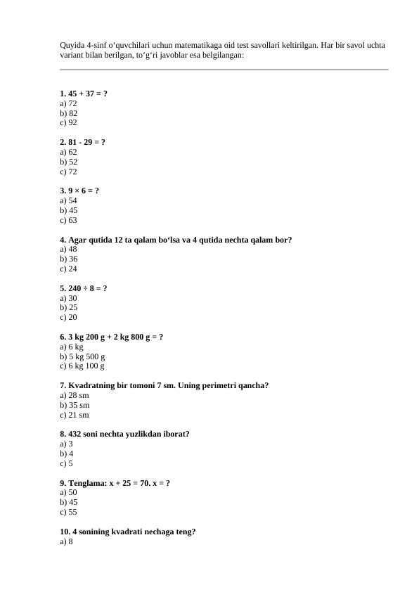 4- sinflar uchun matematika fanidan 140 ta test savol javoblari