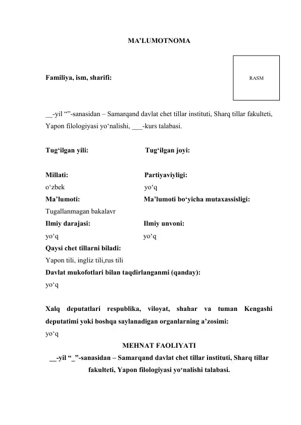 obyektivka  namuna  |  obyektivka namunalari  | Ishga kirishda kerak bo‘ladigan obyektivka shakli           Ma’lumotnoma (obyektivka) to‘liq namuna – oson to‘ldiriladigan format”