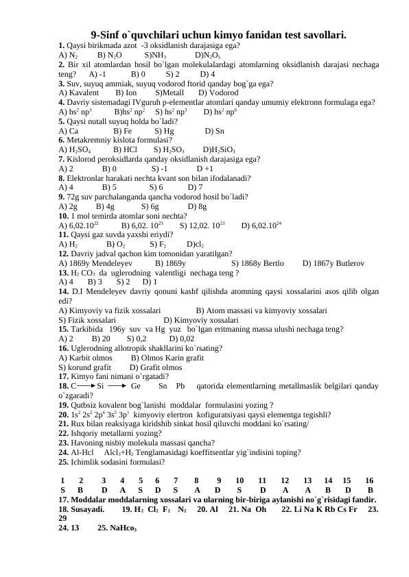 9-sinf o'quvchilari uchun kimyodan test.