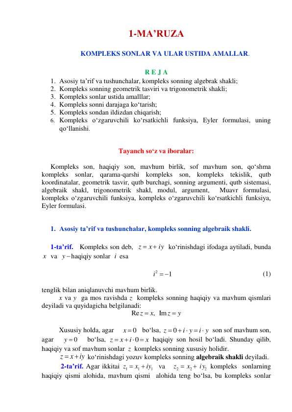 KOMPLEKS SONLAR VA ULAR USTIDA AMALLAR.