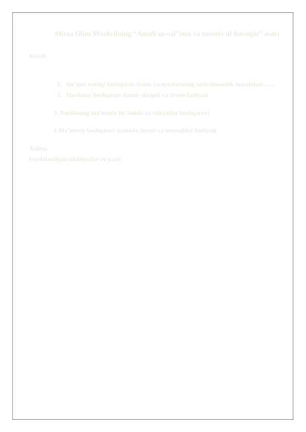 Mirza Olim Mushrifning “Ansob us-sal”otin va tavorix ul-havoqin” asari