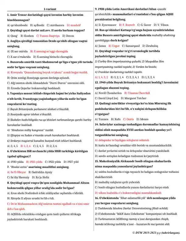 BMBA (DTM) TEST TARIX 1-Variant original javoblari bilan.