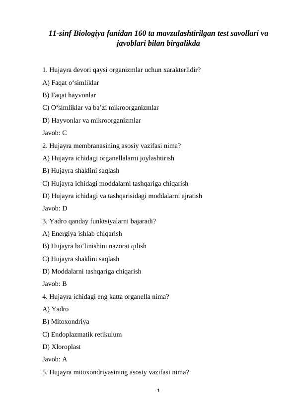 11-sinf Biologiya fanidan 160 ta mavzulashtirilgan test savollari va javoblari bilan birgalikda