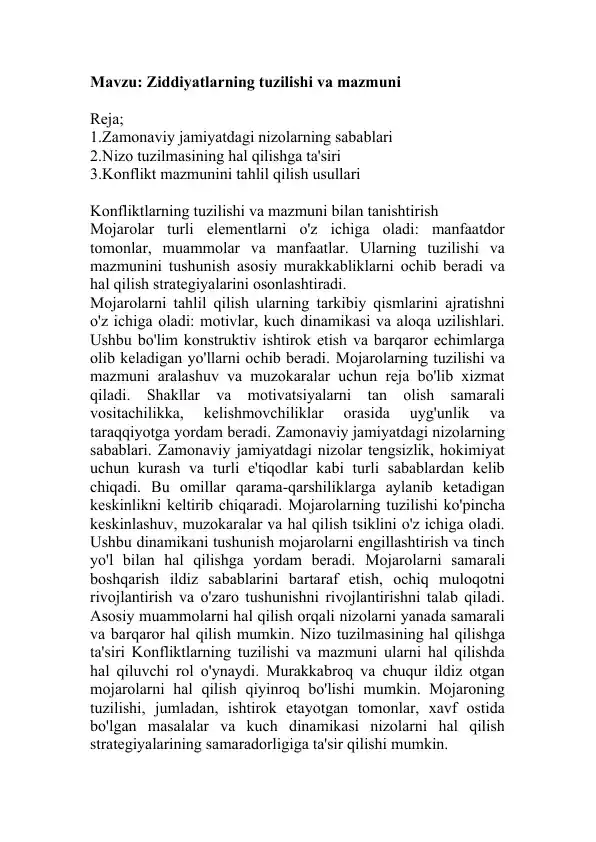 Ziddiyatlarning tuzilishi va mazmuni