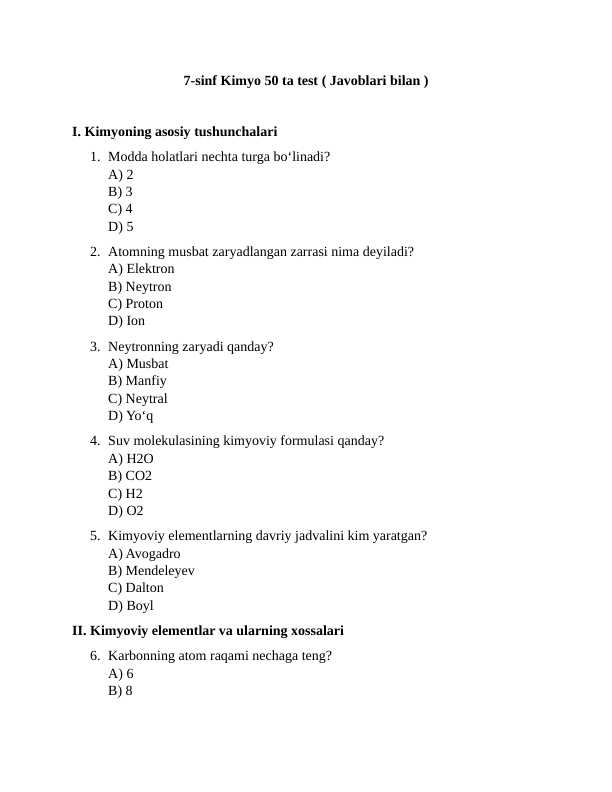 7-sinf Kimyo 50 ta test ( Javoblari bilan )
