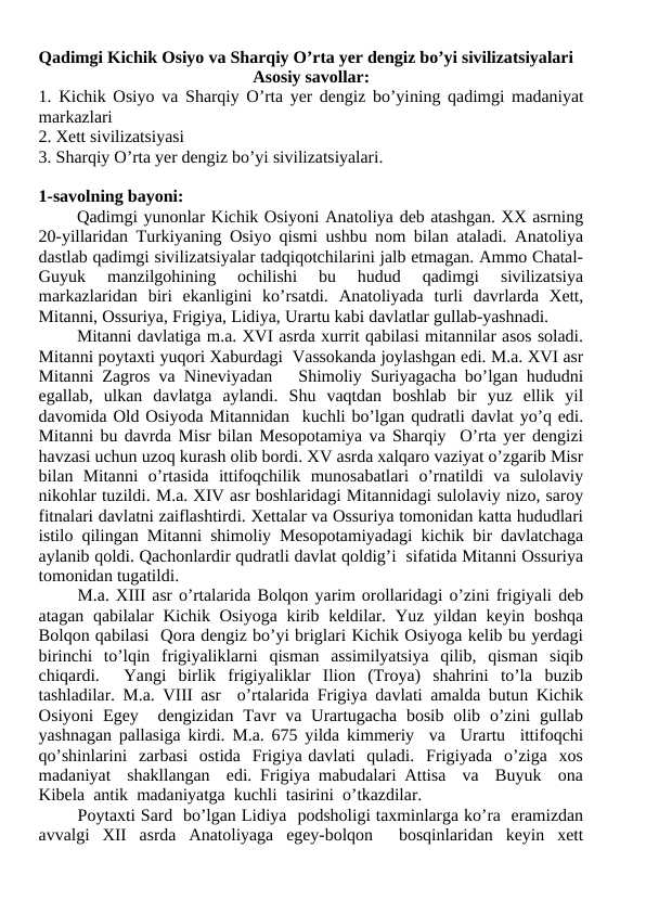 Qadimgi Kichik Osiyo va Sharqiy O’rta yer dengiz bo’yi sivilizatsiyalari 24