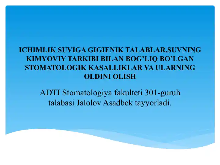 ICHIMLIK SUVIGA GIGIENIK TALABLAR