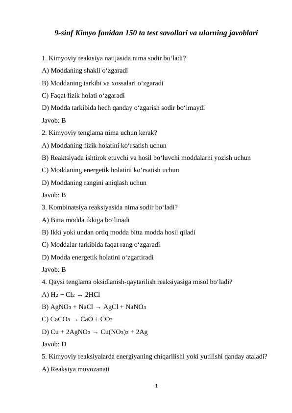 9-sinf Kimyo fanidan 150 ta test savollari va ularning javoblari