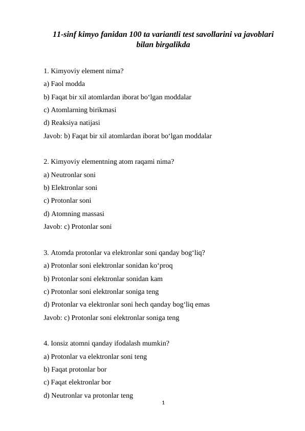 11-sinf kimyo fanidan 200 ta variantli test savollarini va javoblari