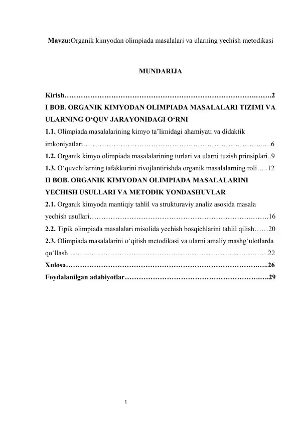 Organik kimyodan olimpiada masalalari va ularning yechish metodikasi kurs ishi