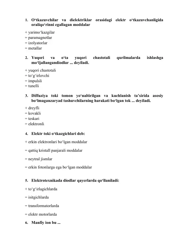Elektrronika va sxemalar fanidan Tayyor test baza javoblari bilan