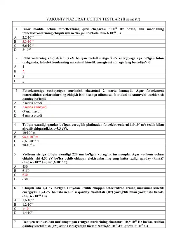 YAKUNIY NAZORAT UCHUN TESTLAR FIZIKA FANI
