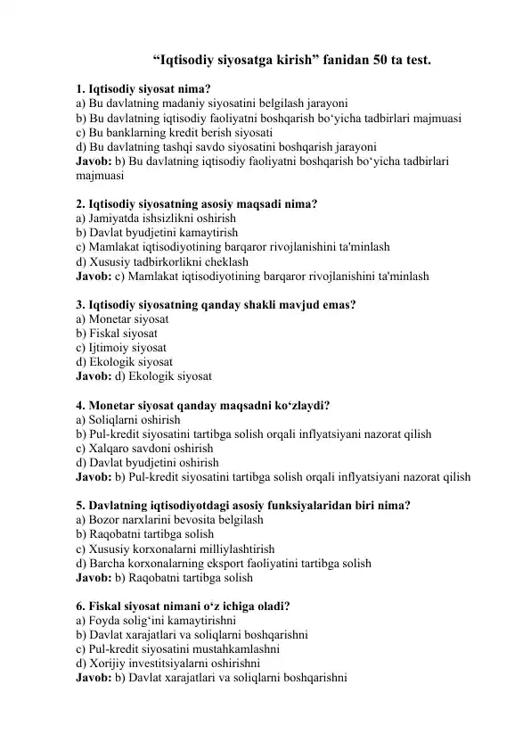 Iqtisodiy siyosatga kirish test