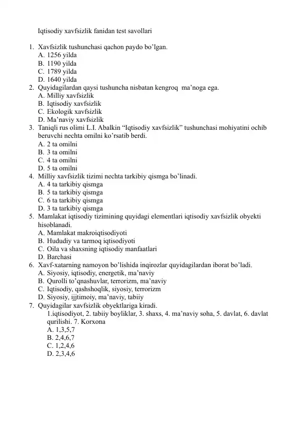 Iqtisodiy xavfsizlik fanidan test savollari