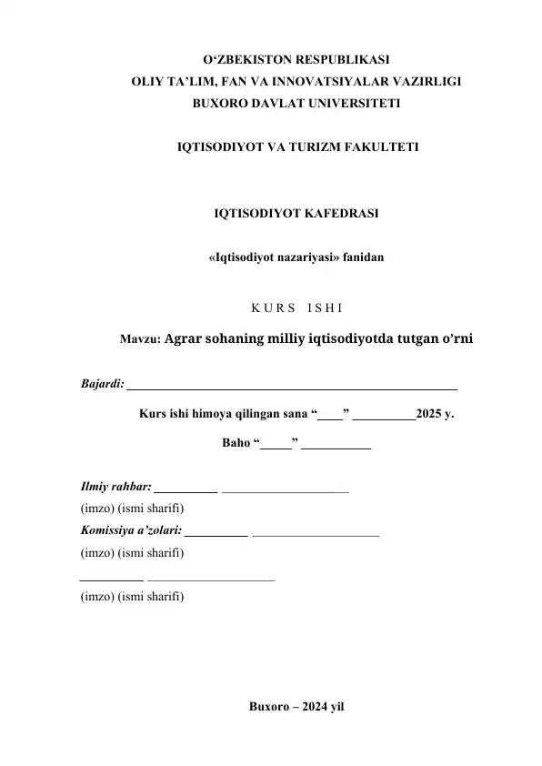 Agrar sohaning milliy iqtisodiyotda tutgan o’rni