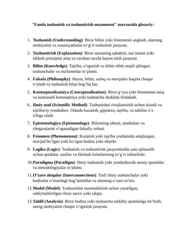 ( Fanda tushunish va tushuntirish muammosi ) mavzusida 27 ta atama va ularning izohlari _1