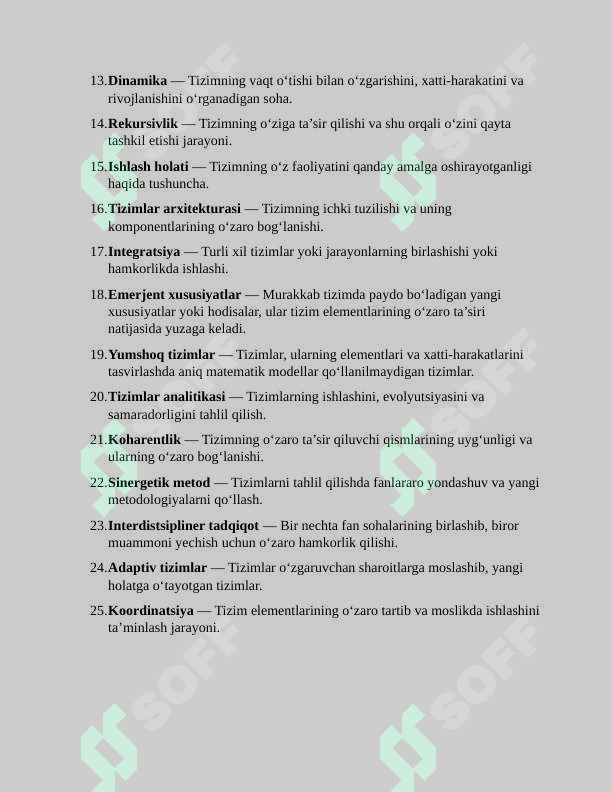 ( Sinergetika fanlararo ilmiy tadqiqot metodi ) mavzusida 25 ta atama va ularning izohlari