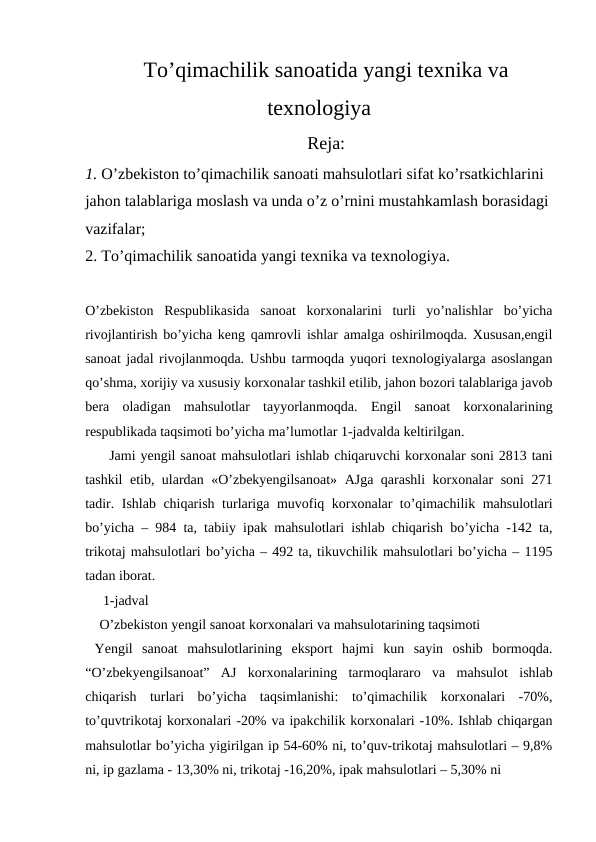 To’qimachilik sanoatida yangi texnika va texnologiya