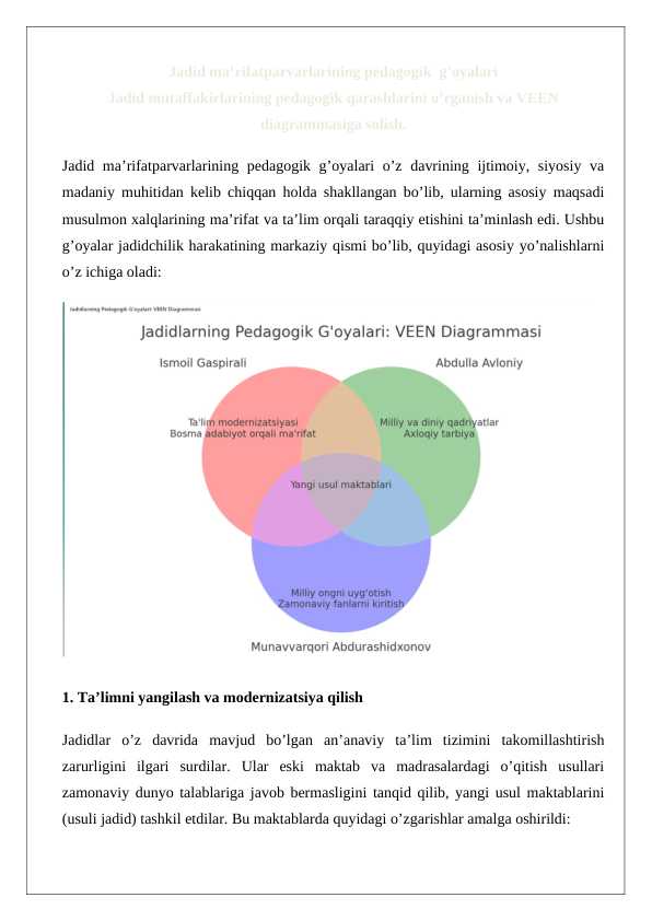 Jadid ma’rifatparvarlarining pedagogik  g’oyalari venn   diagrammasi
