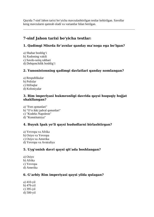 7-sinf Jahon tarixi bo‘yicha testlar 60 ta ( Javoblari bilan )