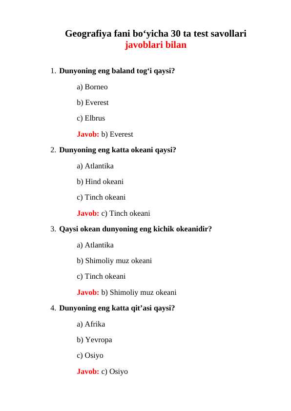 Geografiya fani boʻyicha 30 ta test savollari javoblari bilan