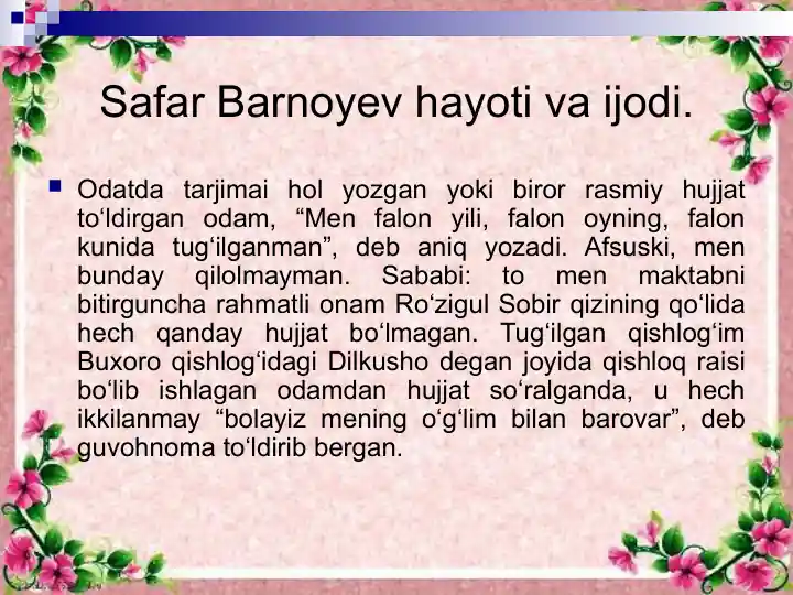 Safar Barnoyev hayoti va ijodi