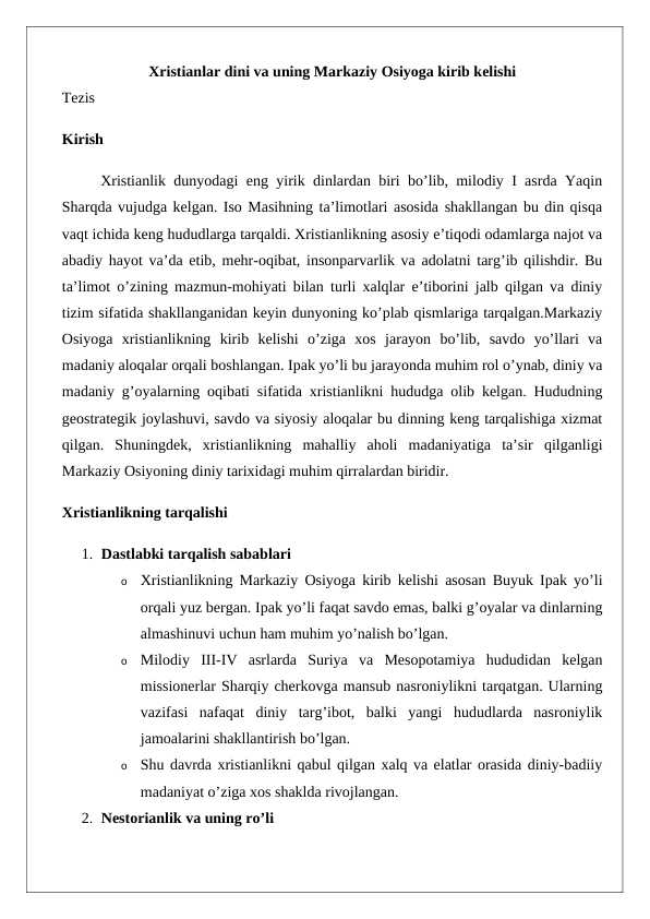 Xristianlar dini va uning Markaziy Osiyoga kirib kelishi.tezis docx