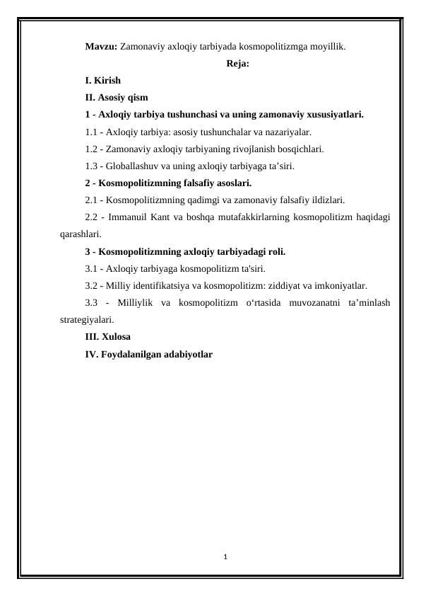 Zamonaviy axloqiy tarbiyada kosmopolitizmga moyillik