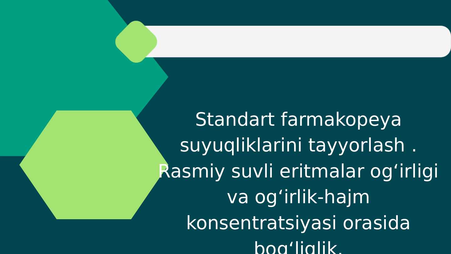 Standart farmakopeya suyuqliklarini tayyorlash . Rasmiy suvli eritmalar ogʻirligi va ogʻirlik-hajm konsentratsiyasi orasida bogʻliqlik.